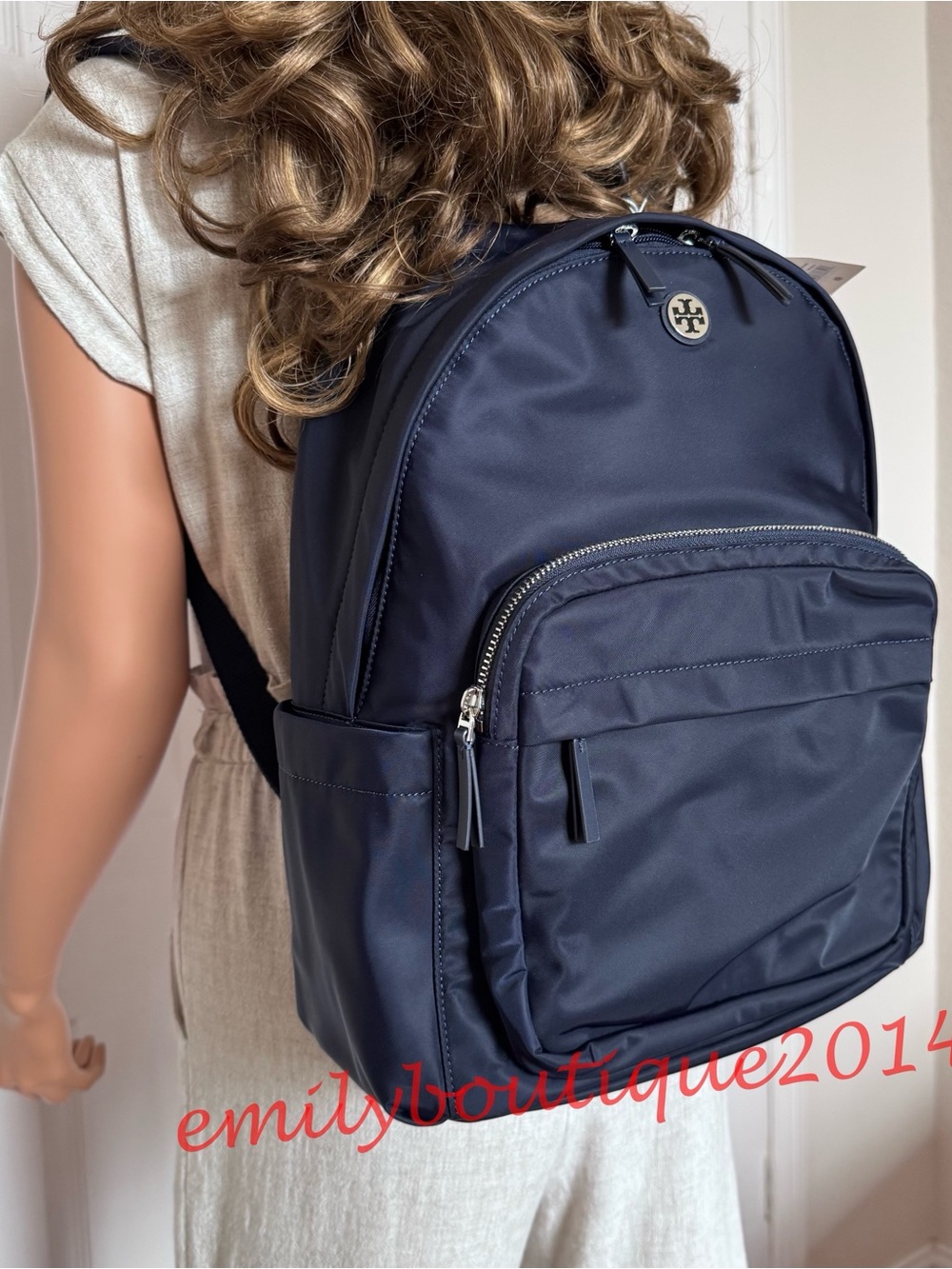 NWT Tory Burch 173559 Ella Nylon Backpack Tory Navy Medium Bag Lightweight - Picture 2 of 11